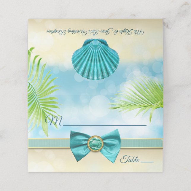 Beach Wedding Reception Dinner Bow Gem Palm Escort Place Card (Outside Unfolded)