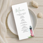 Beach Wedding Reception Lighthouse Menu Card<br><div class="desc">Elevate your beach wedding reception with this elegant dinner menu, designed to coordinate with my watercolor Jupiter Lighthouse collection. Ideal for a beach wedding in Florida, this piece of wedding decor for reception adds a personalized touch with your names and meal selections, making it perfect for rehearsal dinners, summer celebrations,...</div>