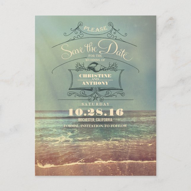 Beach wedding retro save the date postcards (Front)
