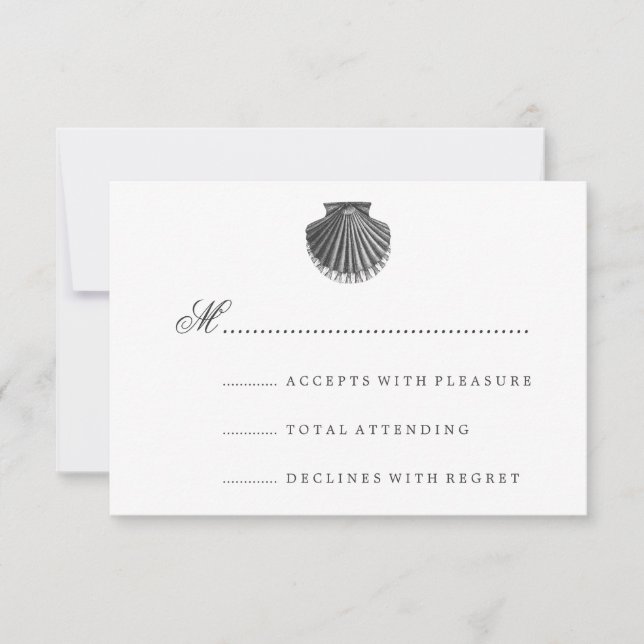 Beach Wedding RSVP Scallop Shell Black Card (Front)