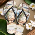Beach Wedding Salty Toes Sandy Kisses Personalize Flip Flops<br><div class="desc">Beach scene flip flops personalized with the bride and groom initials and your bridesmaid or guest's name - perfect for favours, bachelorette weekend and weekend destination wedding welcome bags. This charming design features a montage of watercolor scenes of a wooden wedding ceremony pagoda, an oceanfront rustic beach sign and fairy...</div>