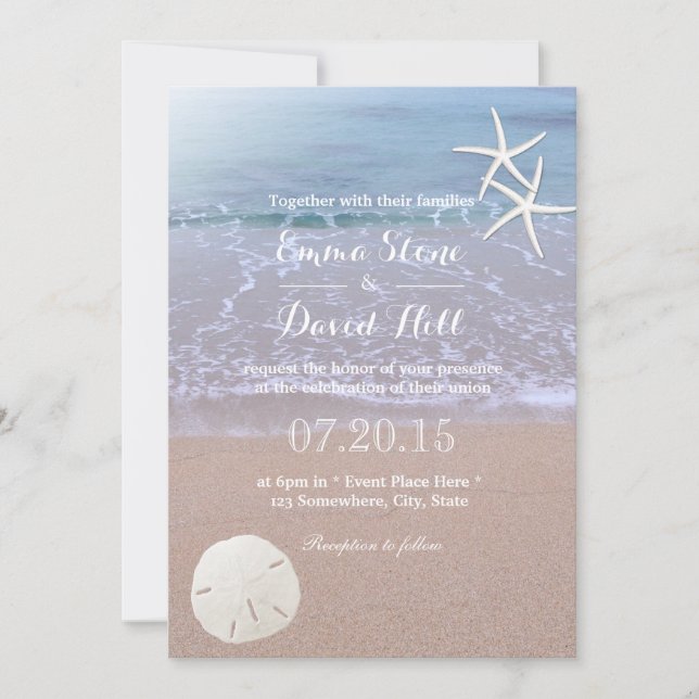 Beach Wedding Sand Dollar & Starfish Invitation (Front)