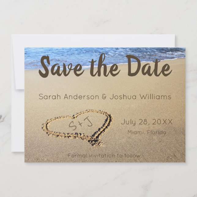 Beach Wedding  Sand Heart Initials Save The Date (Front)