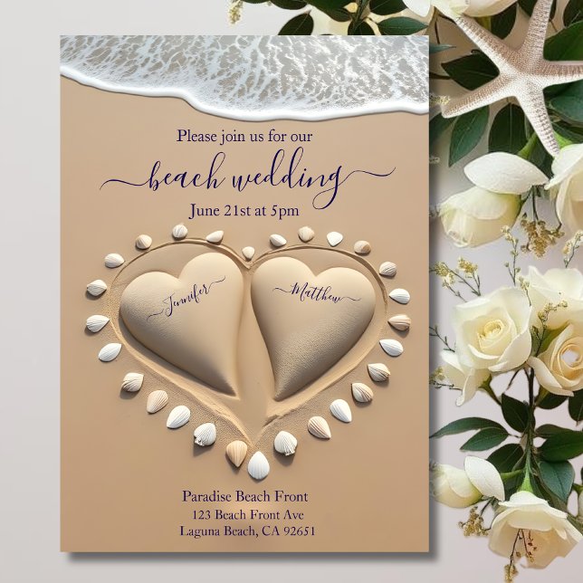 Beach Wedding-Sand Hearts Invitation (Beach Wedding-Sand Hearts Invitation )