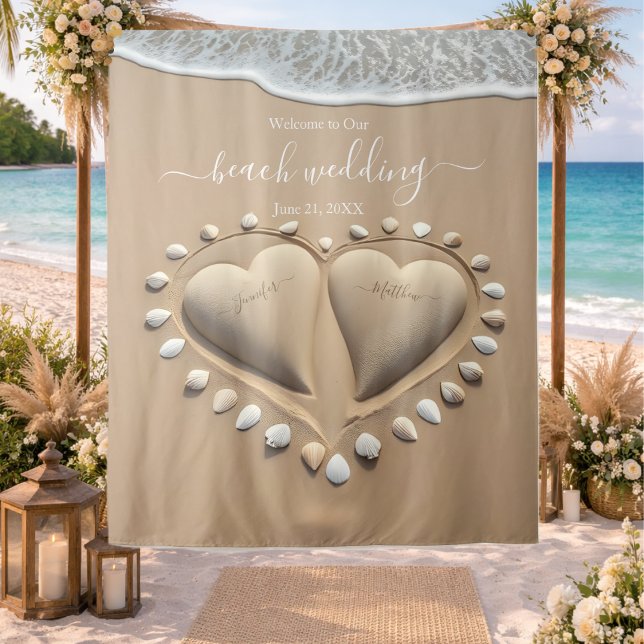 Beach Wedding Sand Hearts Tapestry (Beach Wedding Sand Hearts Tapestry)