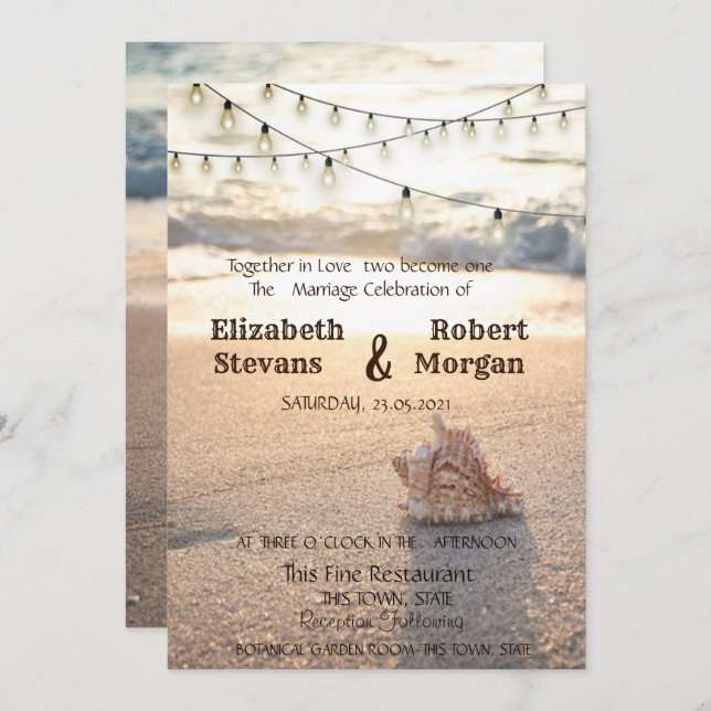 Beach Wedding,Sand, String Lights Seashell  Invitation (Front/Back)