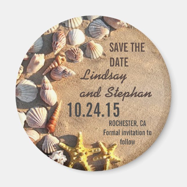 beach wedding save the date magnets with seashells (Front)