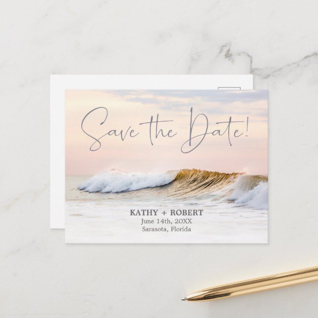 BEACH WEDDING SAVE THE DATE POSTCARD | OCEAN WAVES (Front/Back In Situ)
