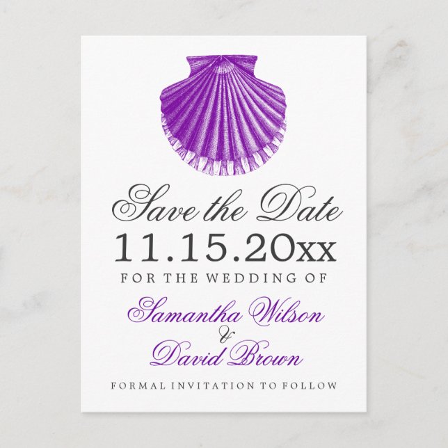 Beach Wedding Save The Date Scallop Shell Purple Announcement Postcard (Front)