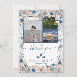 Beach Wedding Seashell and Roses Photo Thank You  Card