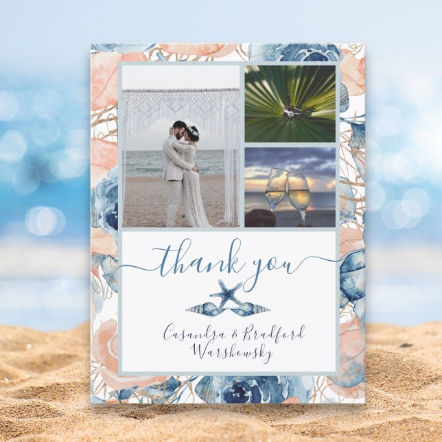 Beach Wedding Seashell and Roses Photo Thank You  Postcard (Creator Uploaded)