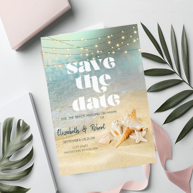 Beach Wedding Seashells String Lights SaveThe Date Save The Date (Creator Uploaded)
