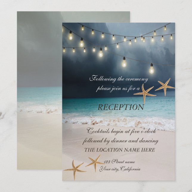 Beach  Wedding, Seastars String Lights  Reception Invitation (Front/Back)