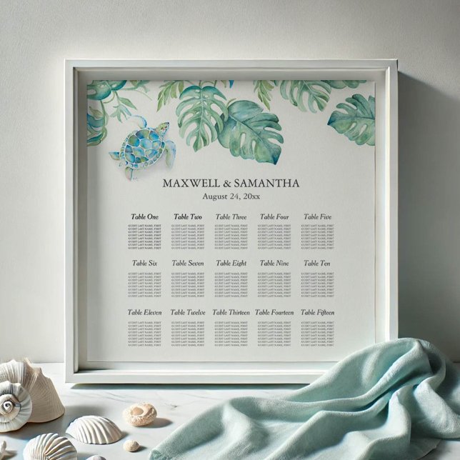 Beach Wedding SEATING CHART Sea Turtle Poster (wedding seating chart watercolor sea turtle and palm leaves by Victoria Grigaliunas Do Tell A Belle)