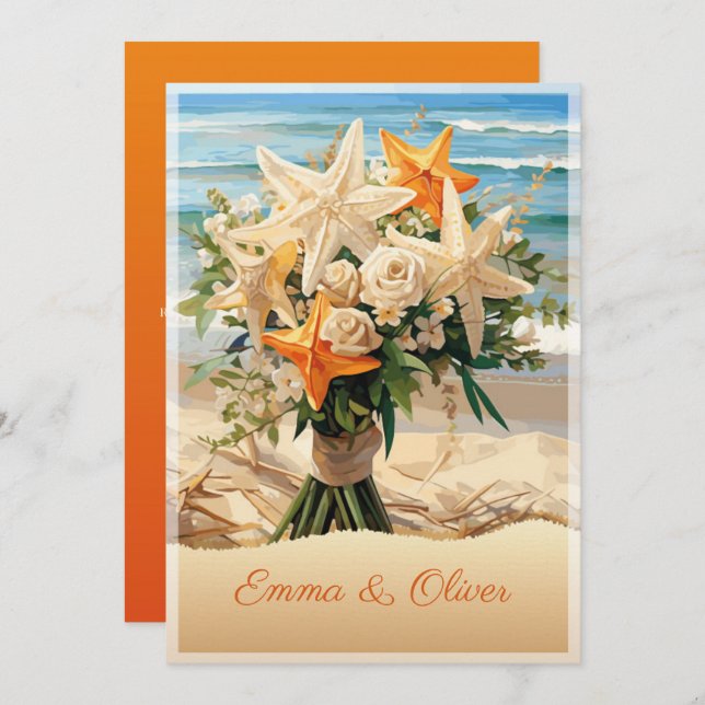 Beach Wedding Starfish Bouquet Invitation Card (Front/Back)
