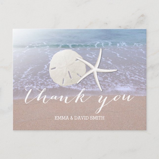 Beach Wedding Starfish & Sand Dollar Thank You Postcard (Front)