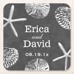Beach Wedding Starfish & Seashells Chalkboard Square Paper Coaster