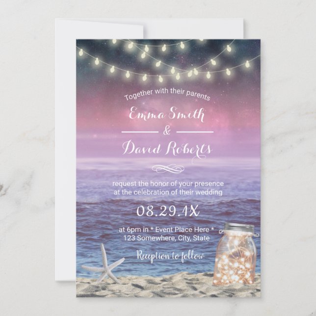 Beach Wedding Starfish String Lights Mason Jar Invitation (Front)