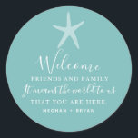 Beach Wedding Starfish Thank You Wedding Favour Classic Round Sticker<br><div class="desc">Wedding favour stickers for your beach wedding,  great for care or welcome packages for your guests. Simple turquoise starfish design that reads.- Welcome friends and family,  It means the world to us that you are here - and printed with your names.</div>