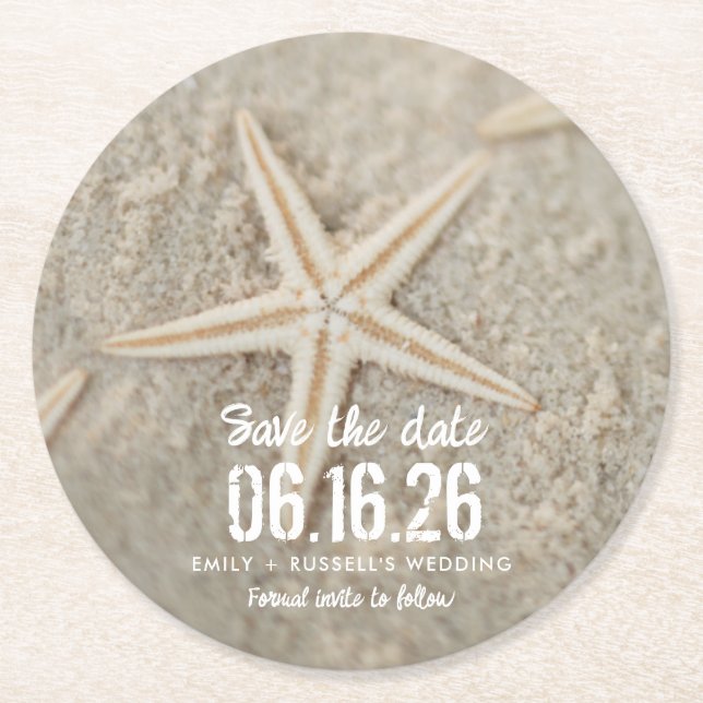 Beach Wedding Starfish Unique Save the Date Round Paper Coaster (Front)