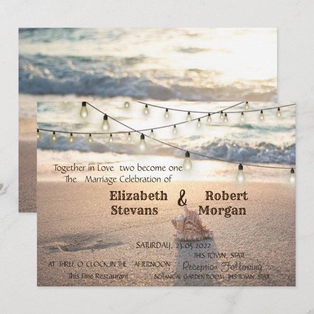 Beach Wedding, String Lights,Sand, Seashell  Invitation (Front/Back)
