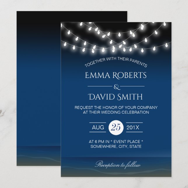 Beach Wedding String Lights Summer Night Breeze Invitation (Front/Back)
