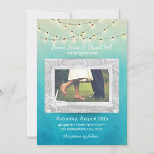 Beach Wedding String Lights Watercolor with Photo Invitation