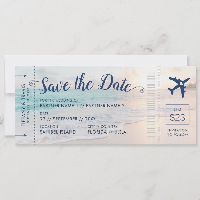 Beach Wedding Sunset Boarding Pass Save the Date Announcement (Front)