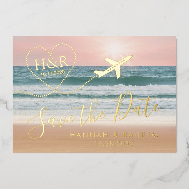 Beach Wedding Sunset Heart Airplane Save the Date  (Front)