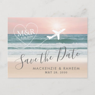 Beach Wedding Sunset Heart Airplane Save the Date Announcement Postcard
