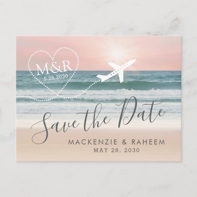 Beach Wedding Sunset Heart Airplane Save the Date Announcement Postcard (Front)