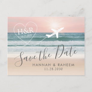 Beach Wedding Sunset Heart Airplane Save the Date Announcement Postcard
