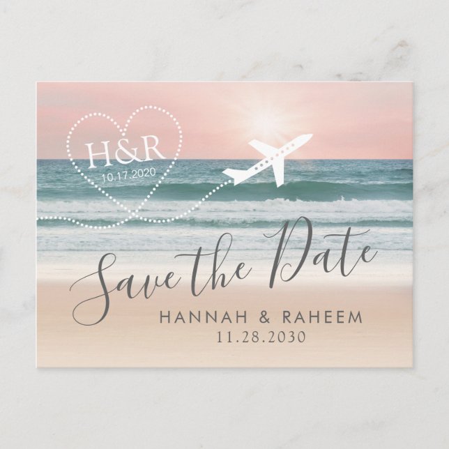 Beach Wedding Sunset Heart Airplane Save the Date Announcement Postcard (Front)
