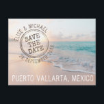 Beach Wedding Sunset Passport Stamp Save the Date Announcement Postcard<br><div class="desc">Pretty beach destination save the date card with a custom wedding passport stamp over a blush pink and turquoise sunset with simple and casual fonts. DESIGN TIPS: Click “Customize Further” for advanced exiting such as changing text colour, placement, or font, or upload your own image to replace the beach! Contact...</div>