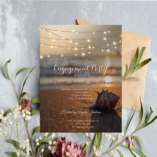 Beach Wedding Sunset Seashell Lights Engagement Invitation (Creator Uploaded)