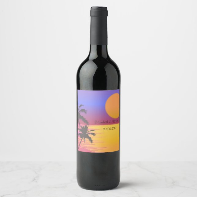 Beach Wedding Sunset Wine Label (Front)