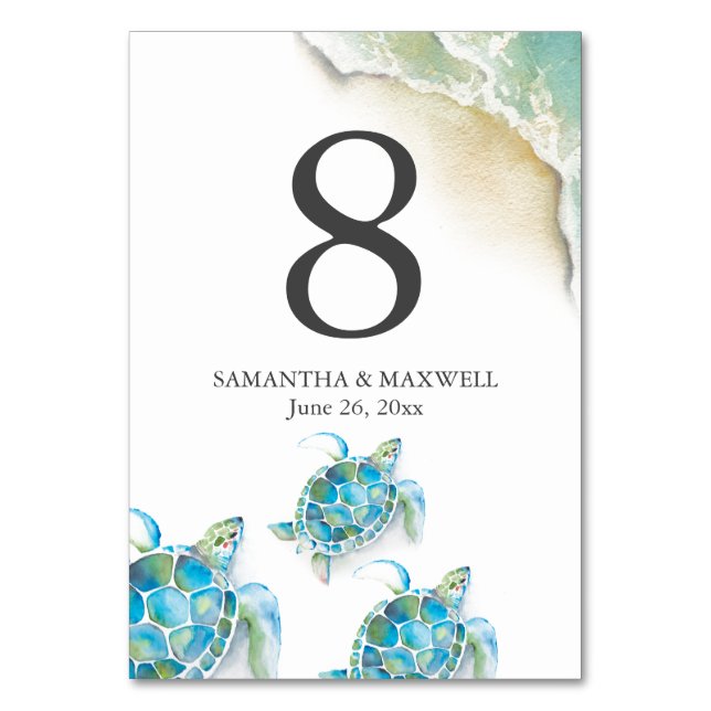 Beach Wedding Table Number Cards Sea Turtle (Front)