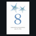 Beach Wedding Table Number Cards Starfish<br><div class="desc">This beach wedding table number card features a watercolor starfish in shades of blue with the bride and groom's names and wedding date. Use the template fields to add your custom details. To see more wedding table decoration ideas like this visit www.zazzle.com/dotellabelle Unique watercolor art by Victoria Grigaliunas of Do...</div>