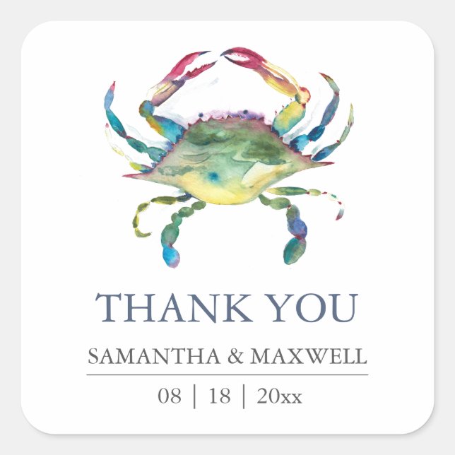 Beach Wedding Thank You Favour Sticker Blue Crab (Front)