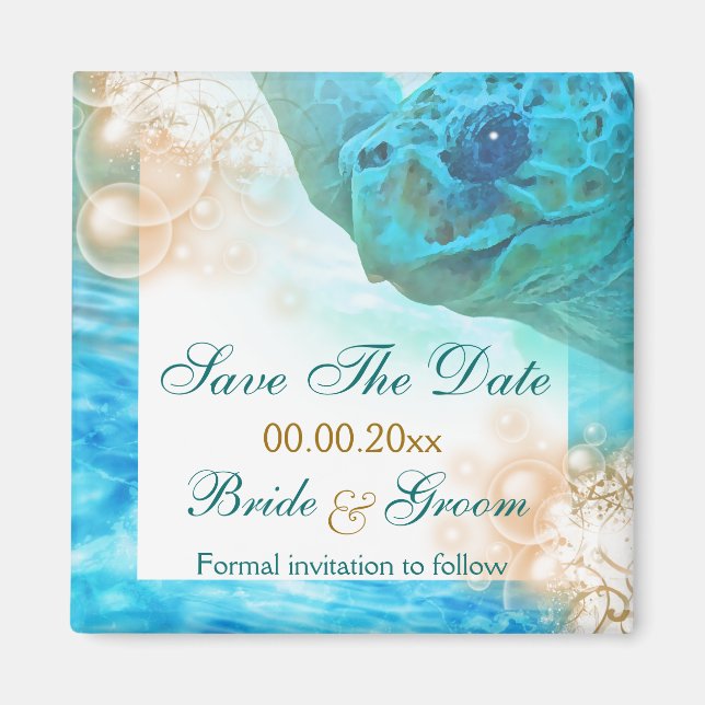 Beach wedding theme "save the date" turtle magnet (Front)