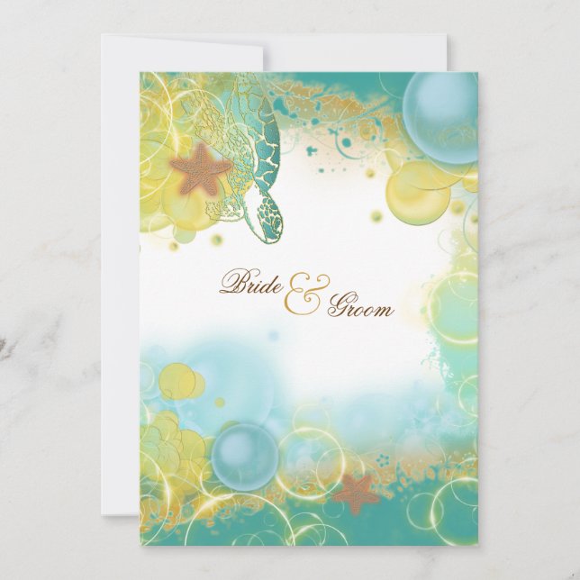 Beach wedding theme turtles starfish invitation (Front)