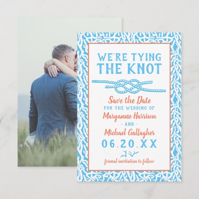Beach Wedding Tying the Knot Nautical Coral Photo Save The Date (Front/Back)