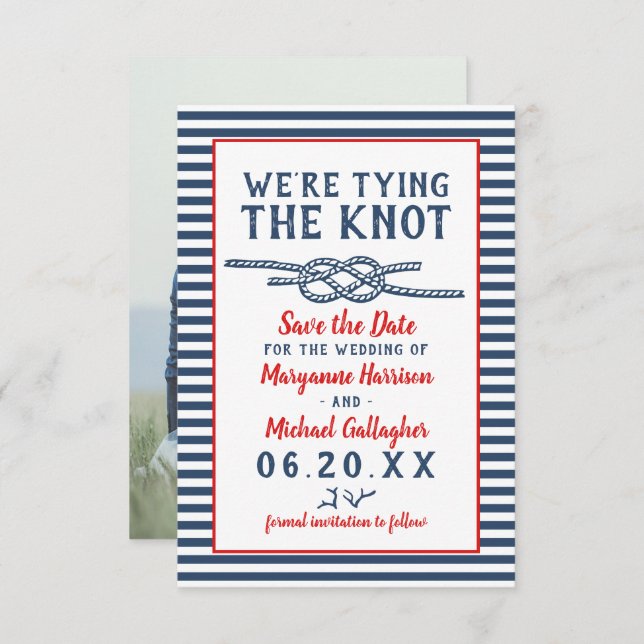 Beach Wedding Tying the Knot Nautical Stripe Photo Save The Date (Front/Back)