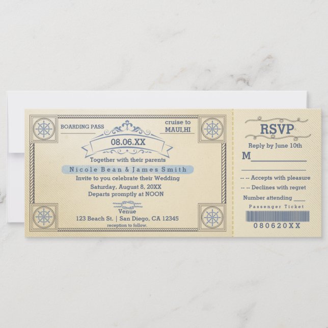 Beach Wedding Vintage Boarding Ticket Invitations (Front)