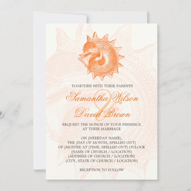 Beach Wedding Vintage Mollusk Shell Orange Invitation (Front)
