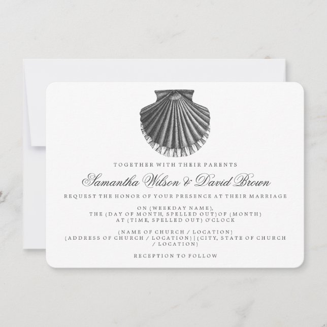 Beach Wedding Vintage Scallop Shell Black Invitation (Front)