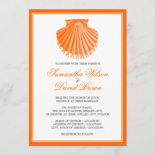 Beach Wedding Vintage Scallop Shell Orange Invitation