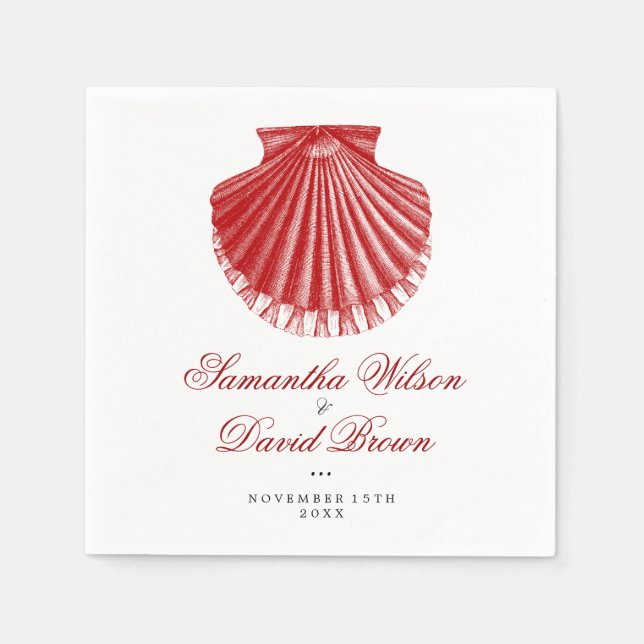 Beach Wedding Vintage Scallop Shell Red Napkin (Front)
