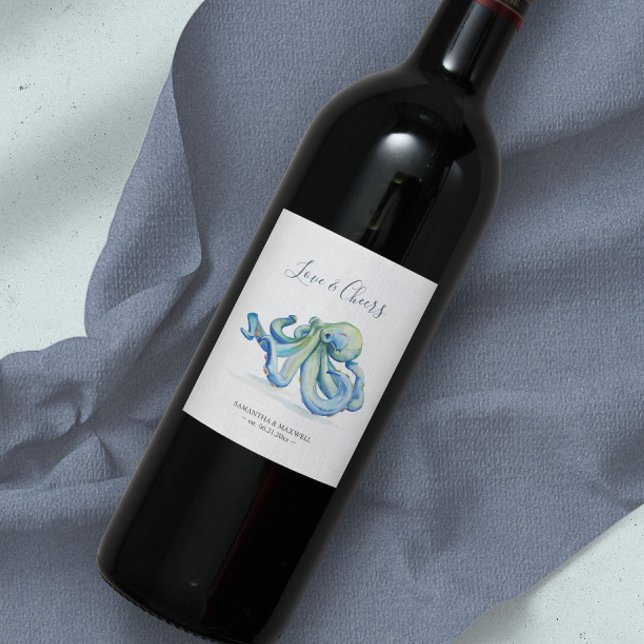 Beach Wedding Wine Labels Blue Octopus (Beach wedding wine label features unique watercolor octopus art by Victoria Grigaliunas)