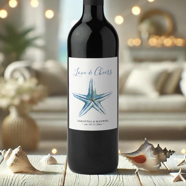 Beach Wedding Wine Labels Starfish (Wedding wine labels watercolor starfish art by Victoria Grigaliunas of Do Tell A Belle)